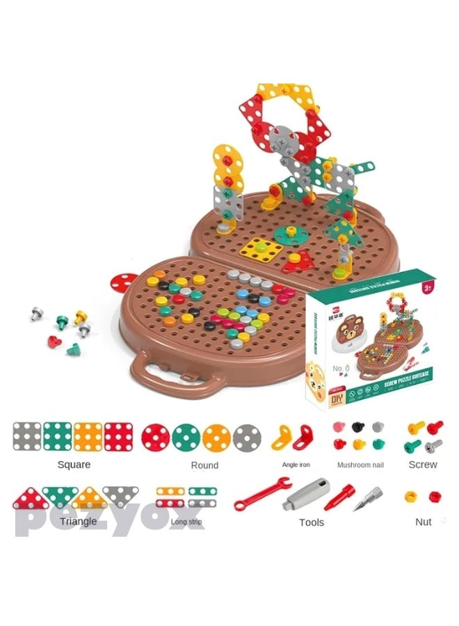 She&Little 203 Pack Kids Repair Tool Box, Kids Drill Tool Box Toy, Kids Screwdriver Toy Set, STEM Construction Building Set, Kids Wisdom Simulation Repair Tool Box Toys, 2D 3D Creative Assembly Game, Educational Learning Toy for Boys and Girls, Home Play Use (Brown) - Image 4